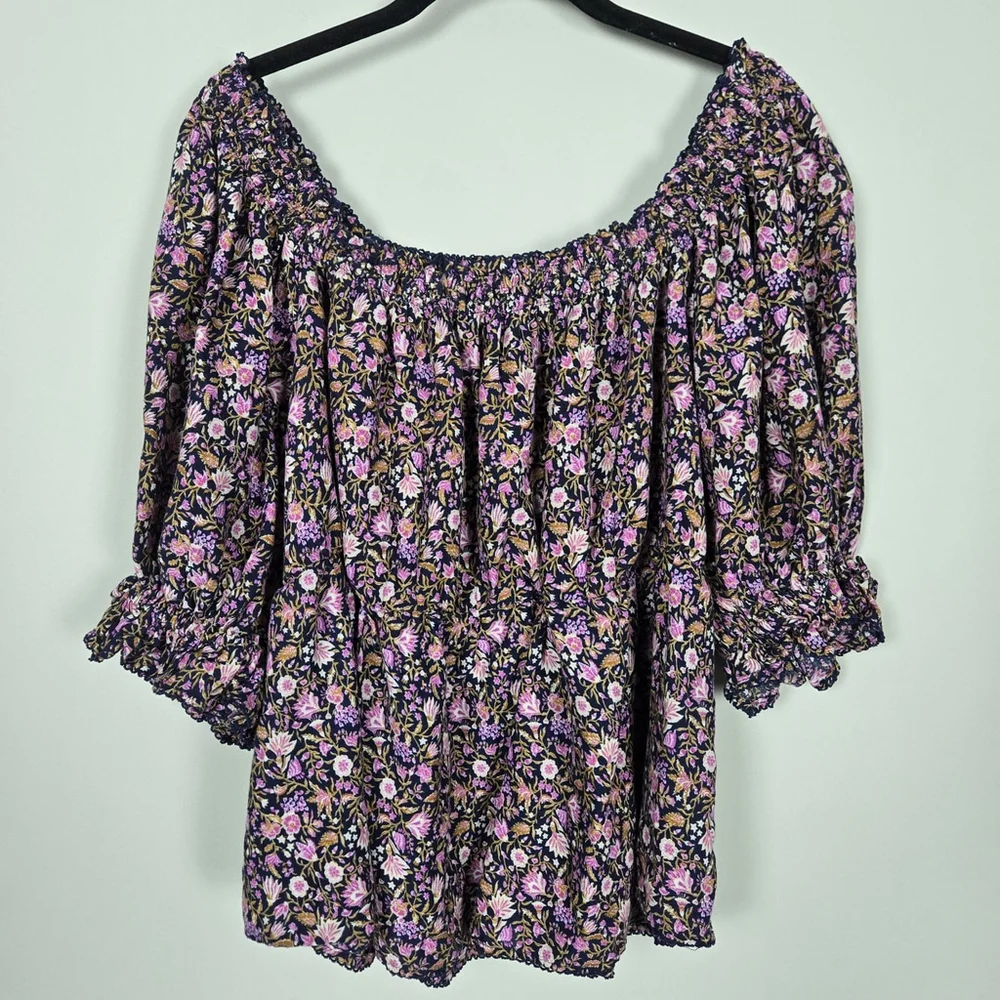 Old Navy Womens Dark Floral Puff Sleeve Top 2X Pink Smocked Peasant Cottagecore